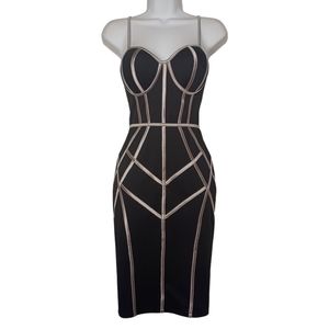 OBSESSION Gunmetal Gray Print Black Bodycon Midi Cocktail Party Dress Small